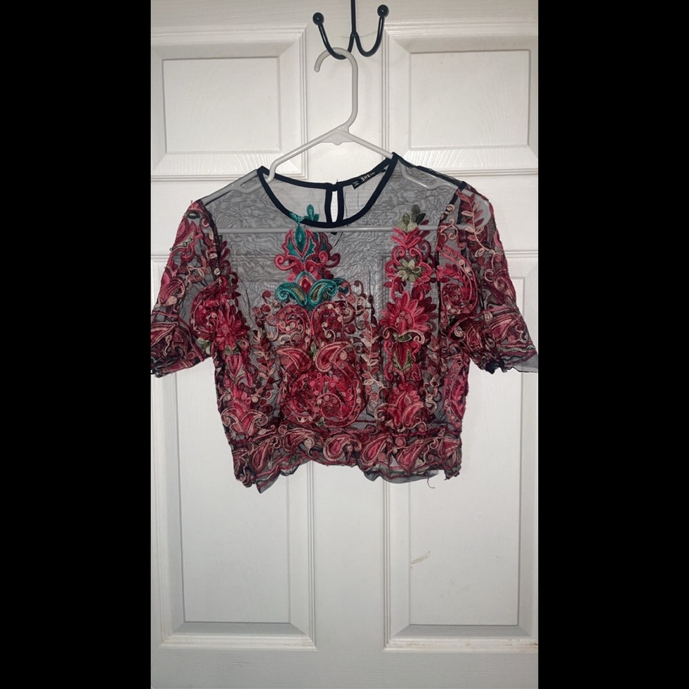 Floral Embroidered Sheer Top - Pink and Green